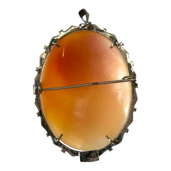 Antique Victorian Hand Carved Shell Cameo Sterling Silver Brooch Pendant 1.75" - Picture 2 of 7